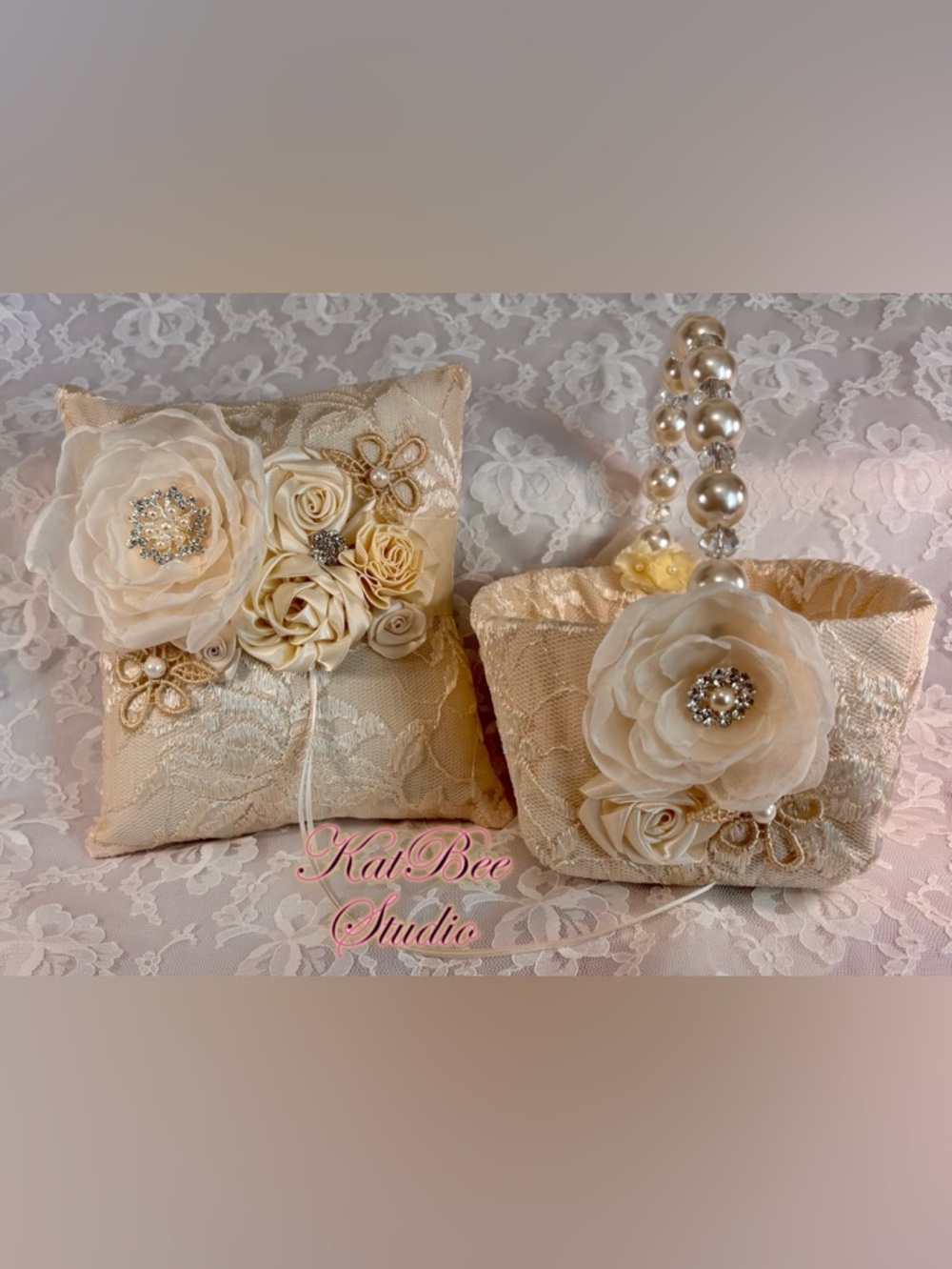 💍 Handmade Solid Ivory Ring Pillow and Flower Basket Set